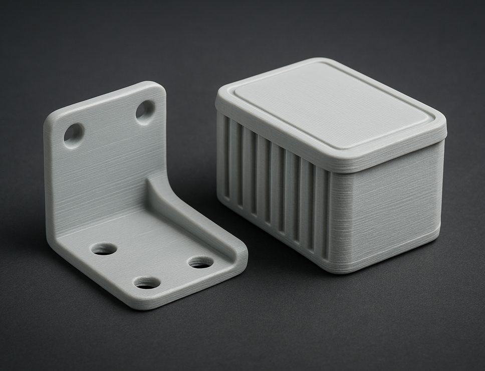 FDM 3D printed ASA bracket and ribbed enclosure, matte light grey