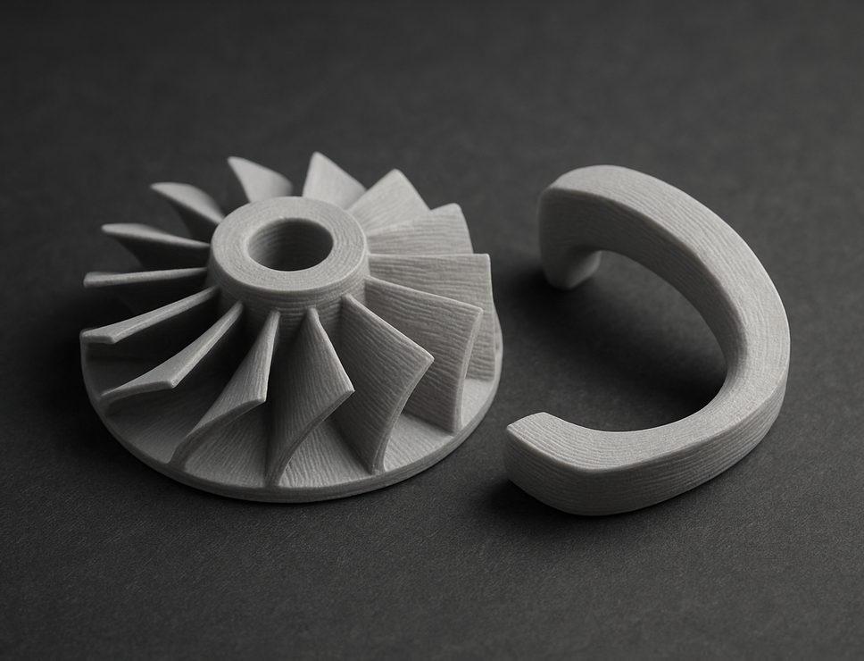 FDM 3D printed ASA turbine impeller and clip, matte light grey
