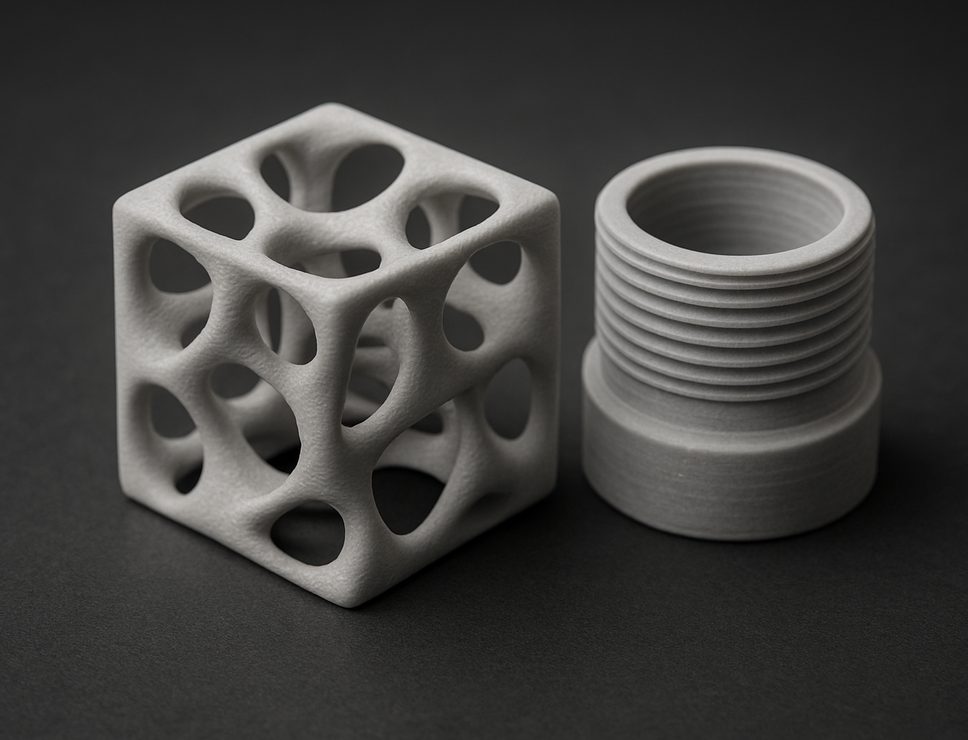 FDM 3D printed ASA lattice test cube and threaded housing
