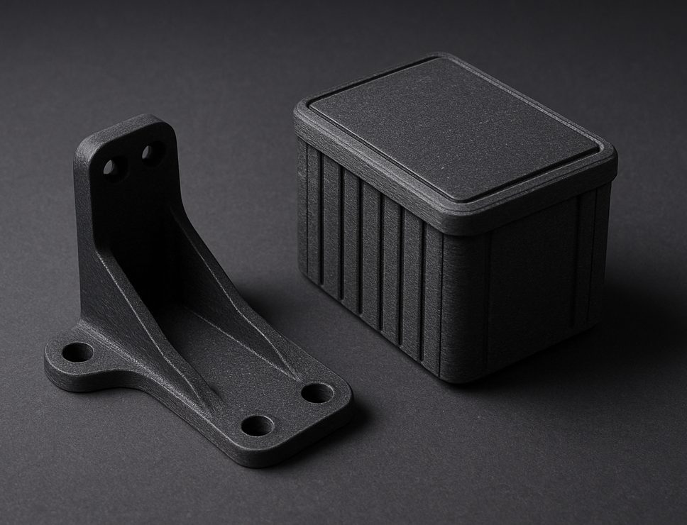FDM 3D printed Carbon Fiber PETG bracket and ribbed enclosure, matte dark charcoal with fine carbon speckle