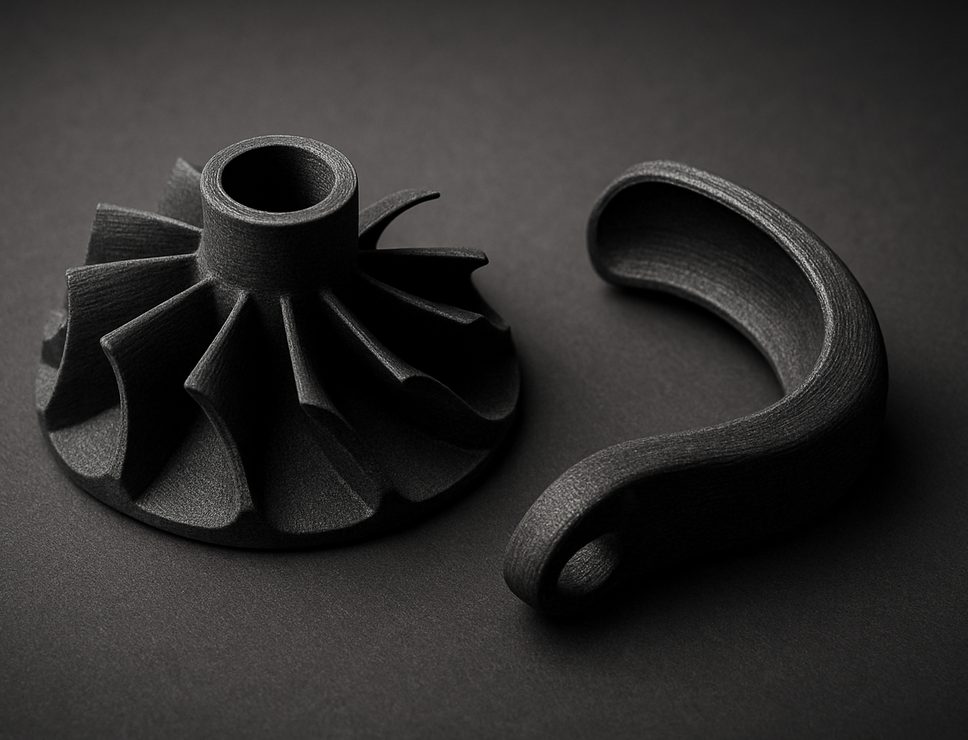 FDM 3D printed Carbon Fiber PETG turbine impeller and clip, matte dark charcoal with fine carbon speckle