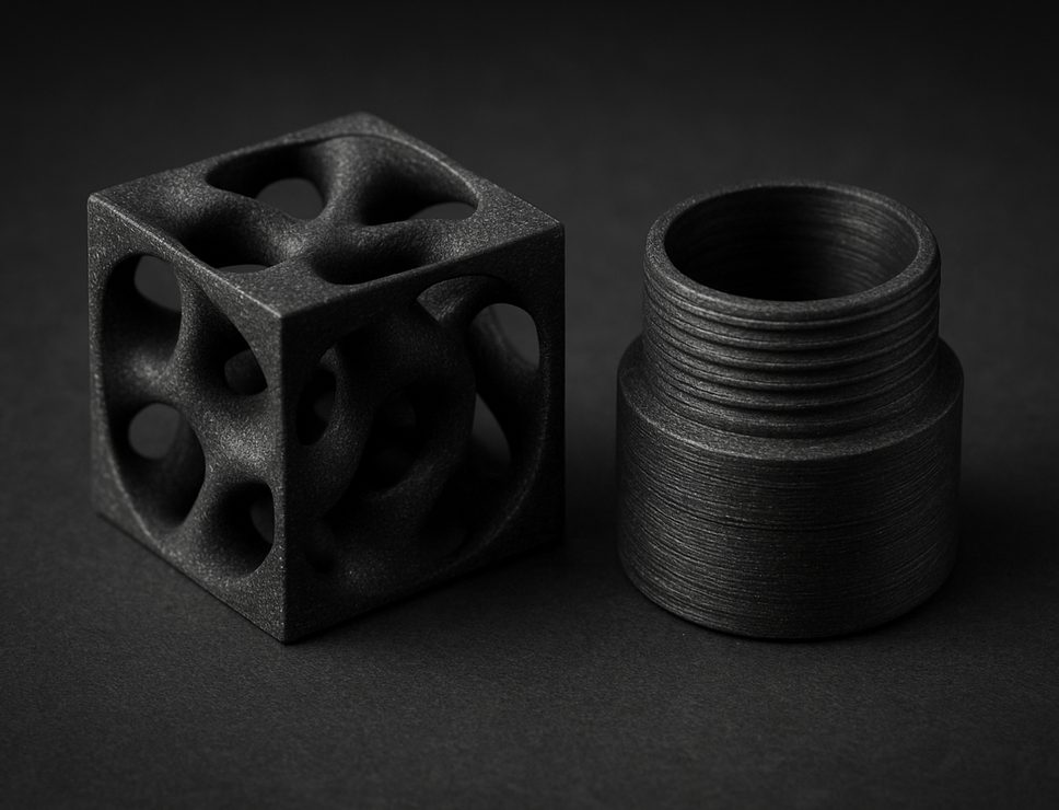FDM 3D printed Carbon Fiber PETG lattice test cube and threaded housing