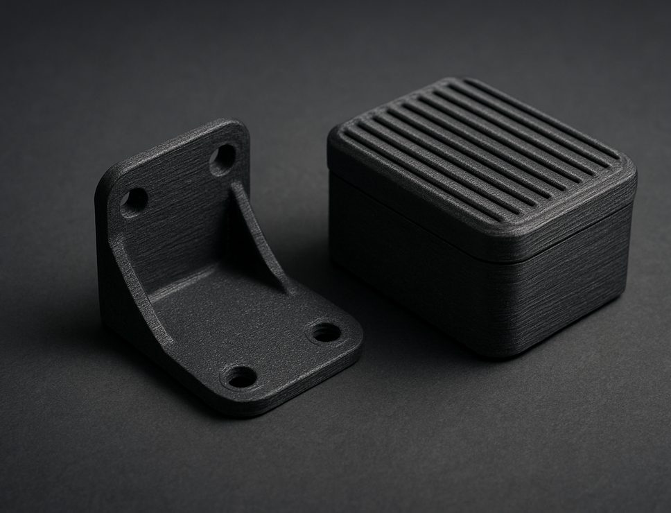FDM 3D printed Carbon Fiber PLA bracket and ribbed enclosure, matte black with fine carbon speckle