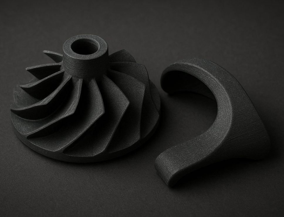 FDM 3D printed Carbon Fiber PLA turbine impeller and clip, matte black with fine carbon speckle