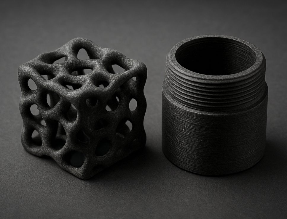 FDM 3D printed Carbon Fiber PLA lattice test cube and threaded housing