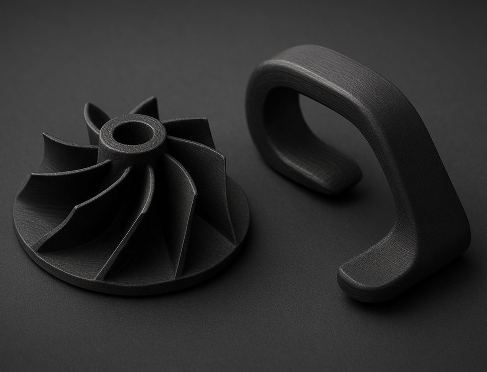 FDM 3D printed Conductive PLA turbine impeller and clip, matte graphite black
