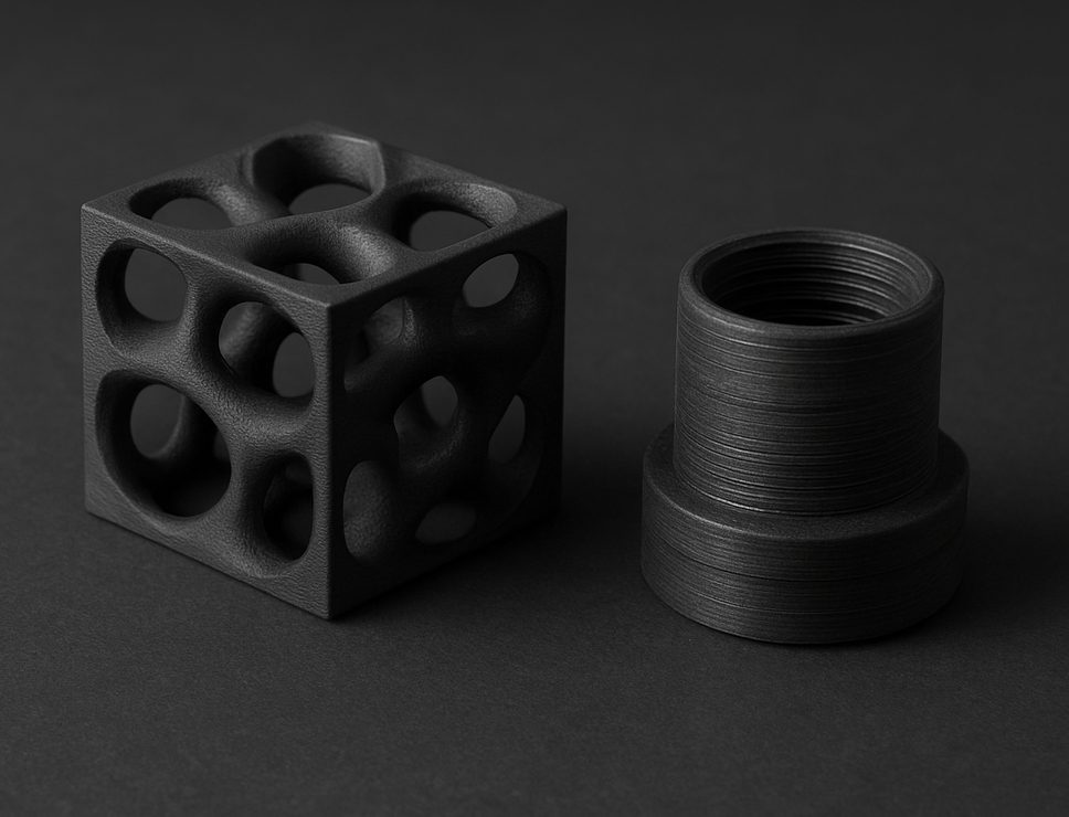 FDM 3D printed Conductive PLA lattice test cube and threaded housing