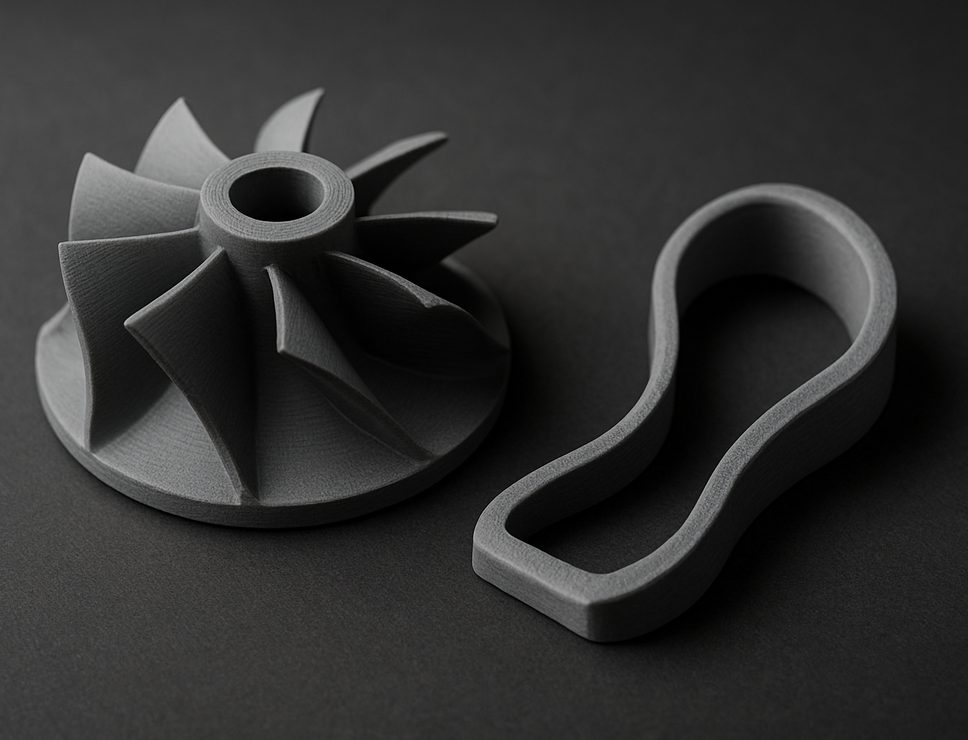 FDM 3D printed Flame Retardent turbine impeller and clip, matte industrial grey