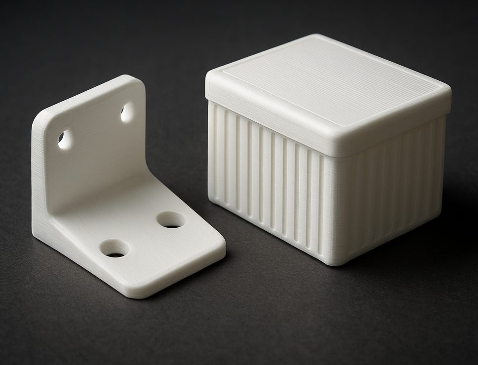 FDM 3D printed HIPS bracket and ribbed enclosure, matte white