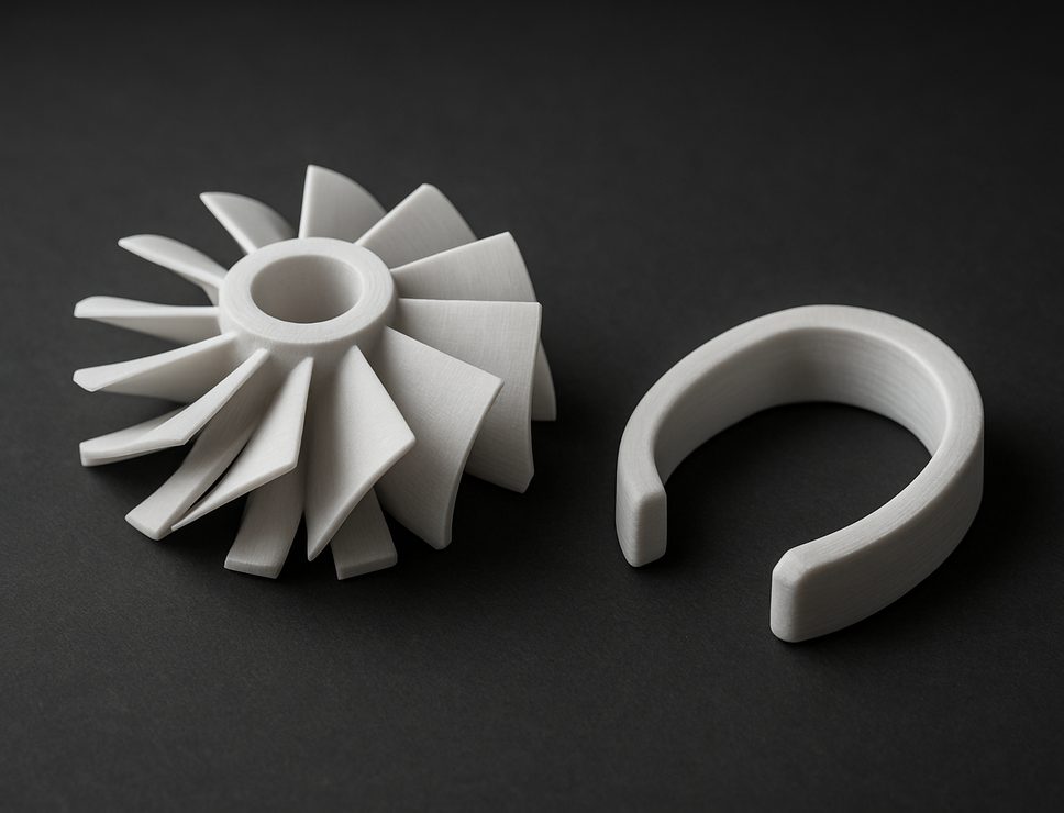 FDM 3D printed HIPS turbine impeller and clip, matte white