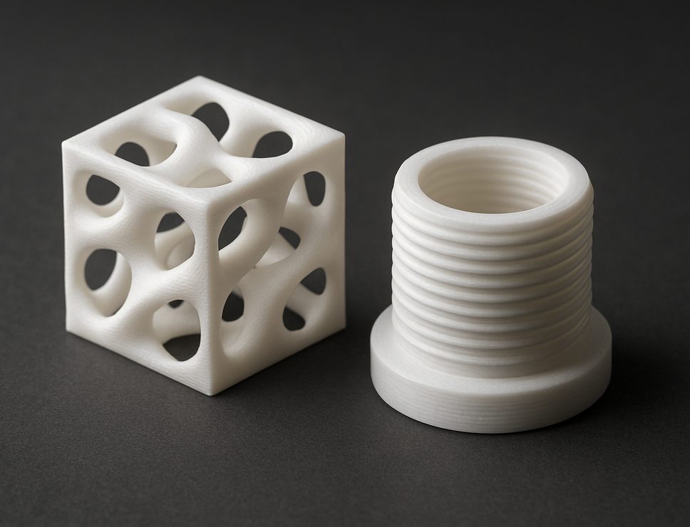 FDM 3D printed HIPS lattice test cube and threaded housing