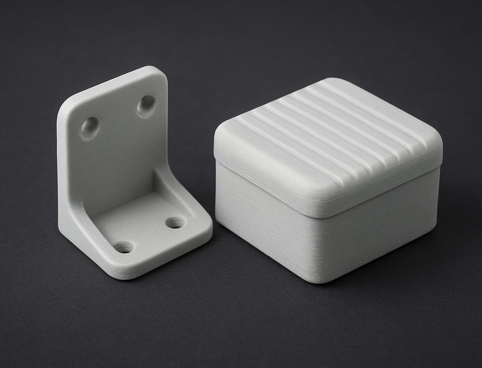 FDM 3D printed Lightweight PLA bracket and ribbed enclosure, matte pale grey
