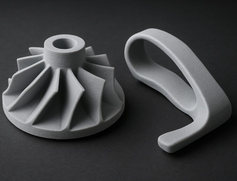 FDM 3D printed Lightweight PLA turbine impeller and clip, matte pale grey