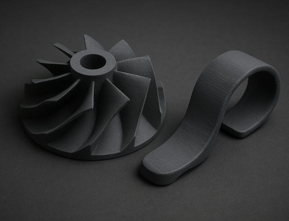 FDM 3D printed Tough PLA turbine impeller and clip, matte deep grey
