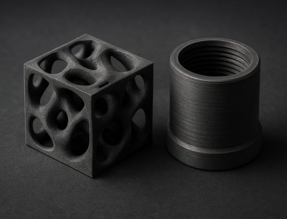 FDM 3D printed Tough PLA lattice test cube and threaded housing