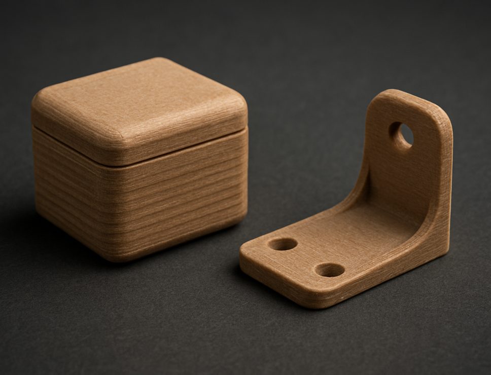FDM 3D printed Wood Filled PLA bracket and ribbed enclosure, matte light brown with visible wood fibre grain
