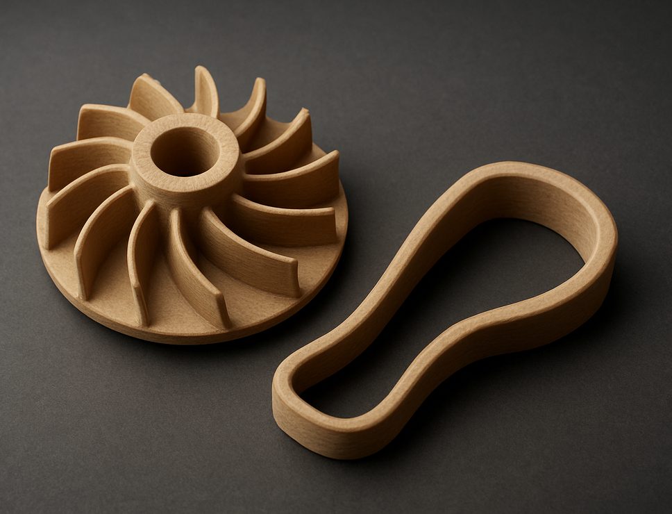 FDM 3D printed Wood Filled PLA turbine impeller and clip, matte light brown with visible wood fibre grain