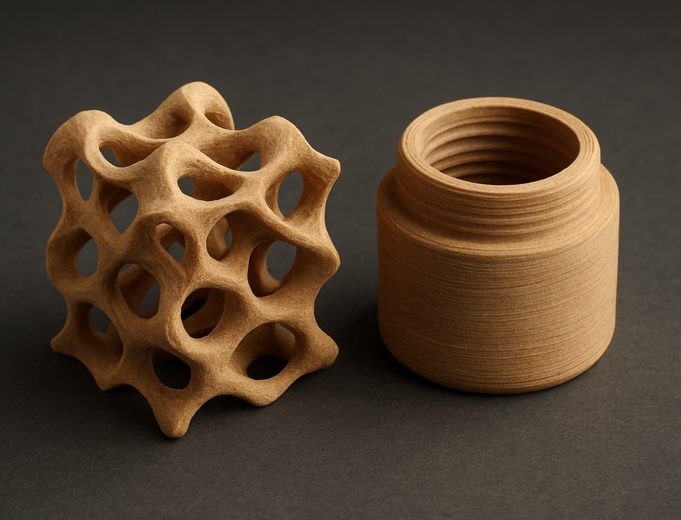FDM 3D printed Wood Filled PLA lattice test cube and threaded housing