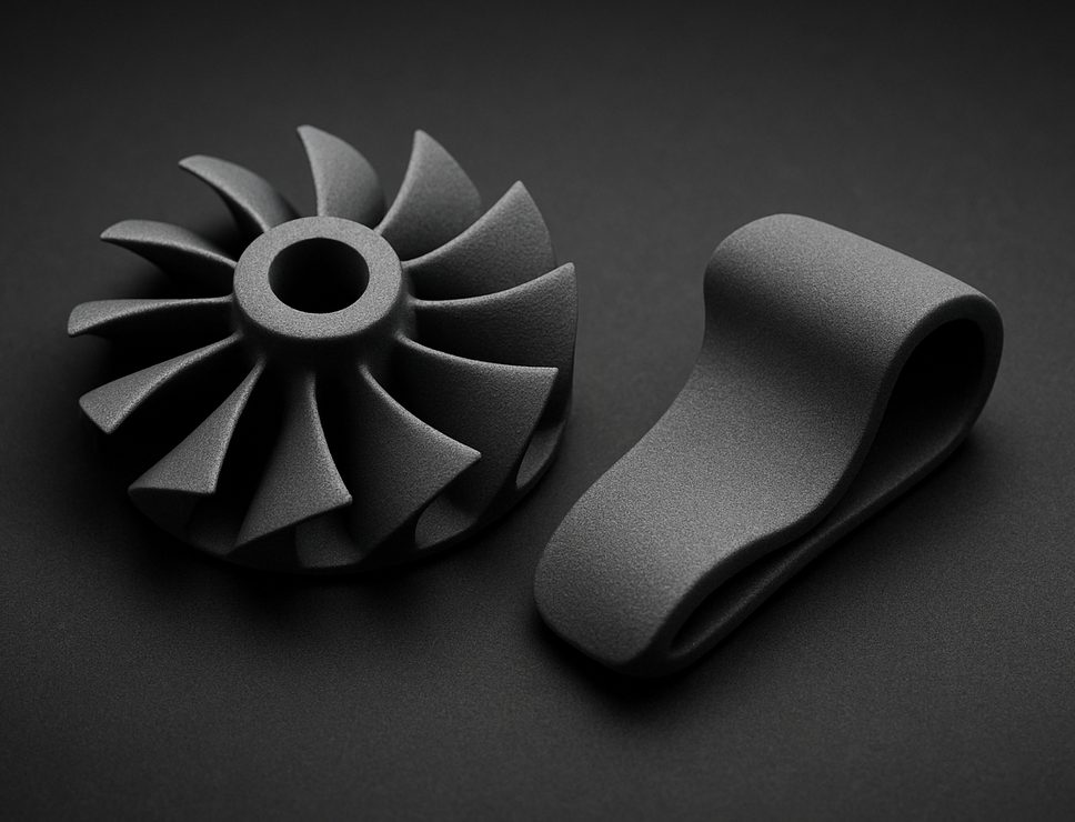 MJF 3D printed HP Glass Filled Nylon turbine impeller and clip, matte mid-grey