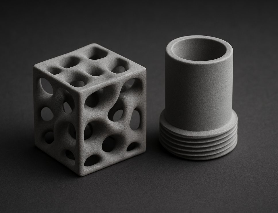 MJF 3D printed HP Glass Filled Nylon lattice test cube and threaded housing