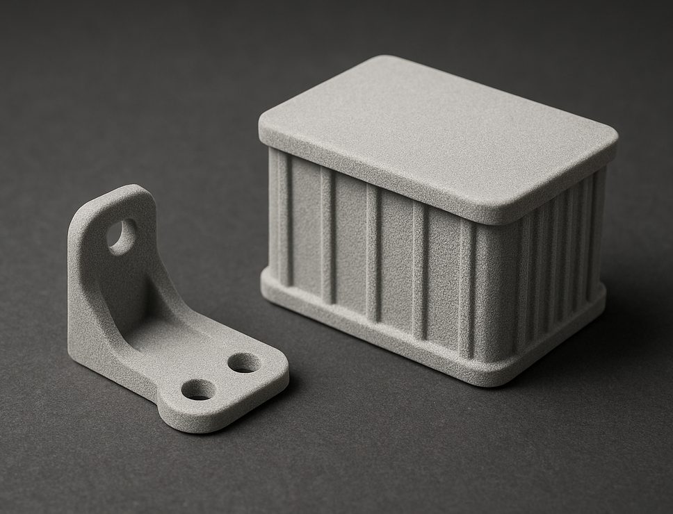 SLS 3D printed PA12 GF30 bracket and ribbed enclosure, matte light grey