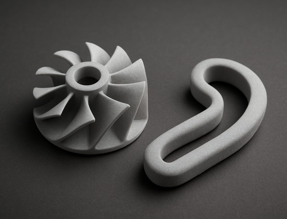 SLS 3D printed PA12 GF30 turbine impeller and clip, matte light grey