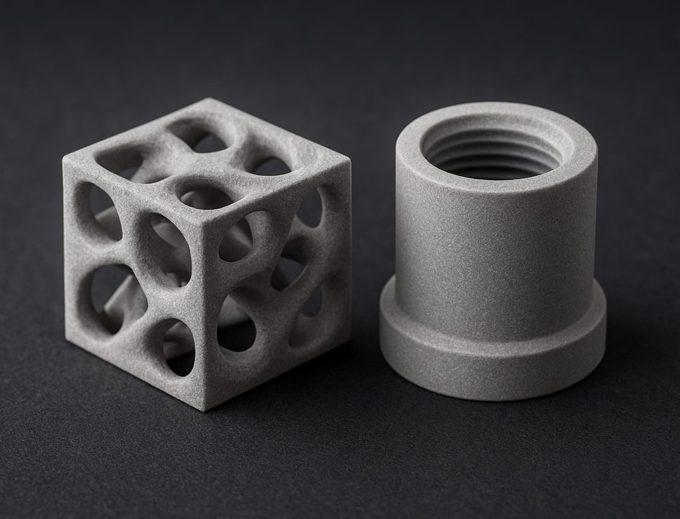 SLS 3D printed PA12 GF30 lattice test cube and threaded housing