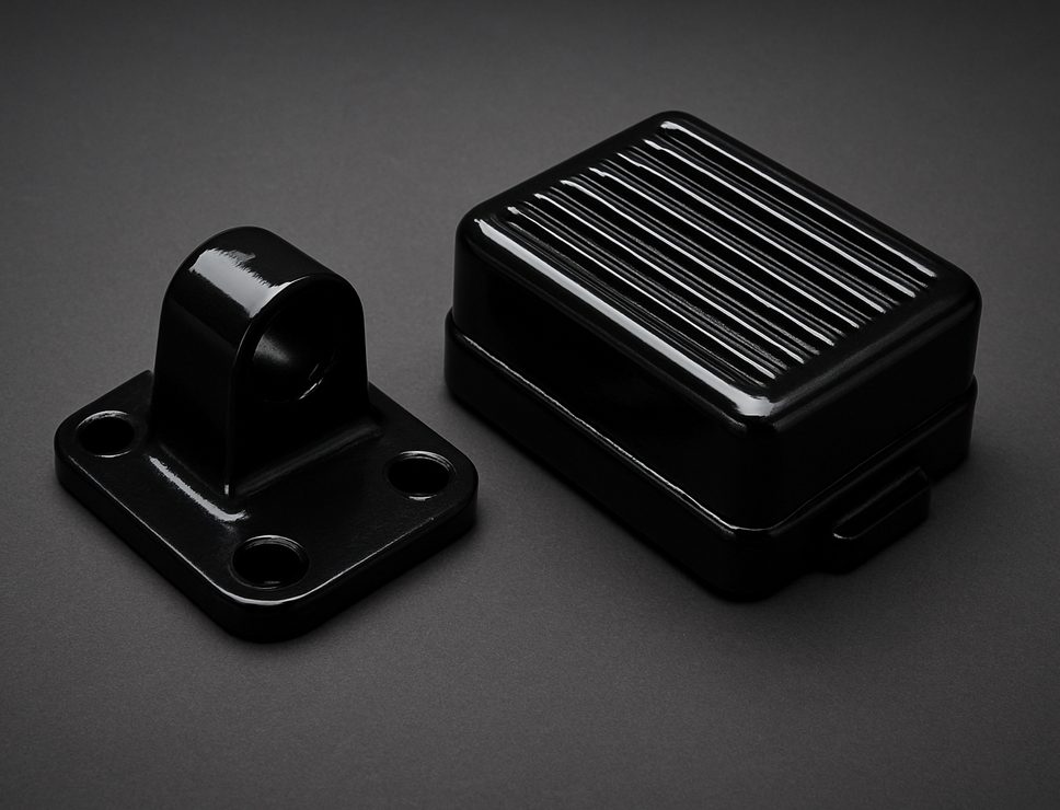PolyJet 3D printed Tango Black Plus bracket and ribbed enclosure, soft rubber-like glossy black