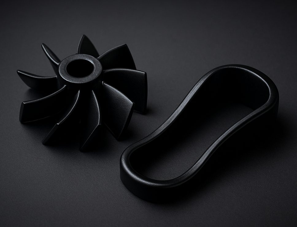 PolyJet 3D printed Tango Black Plus turbine impeller and clip, soft rubber-like glossy black