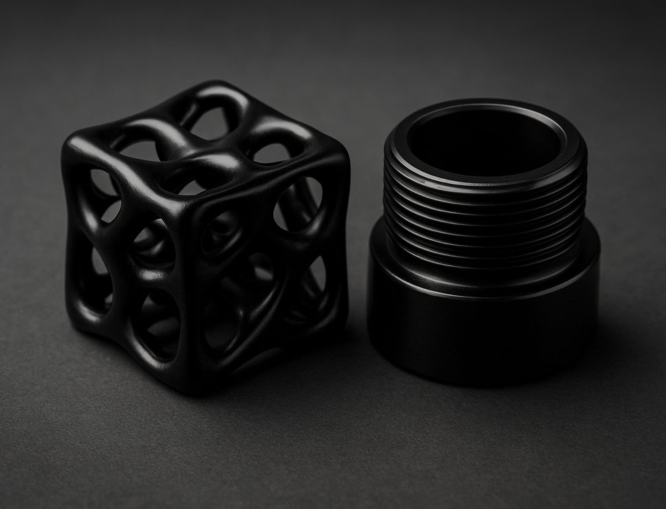 PolyJet 3D printed Tango Black Plus lattice test cube and threaded housing