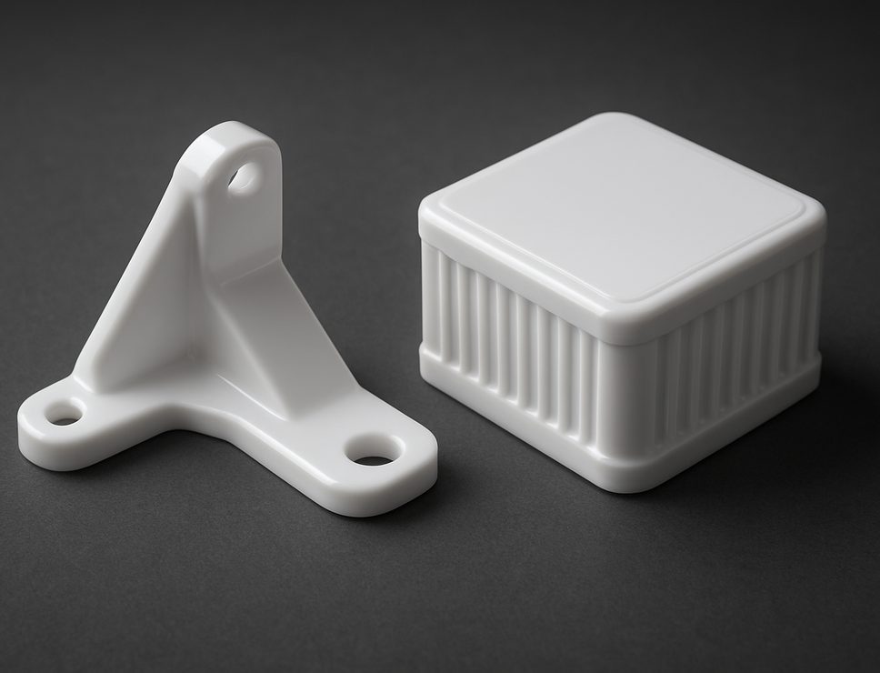 PolyJet 3D printed Vero White Plus bracket and ribbed enclosure, rigid glossy bright white