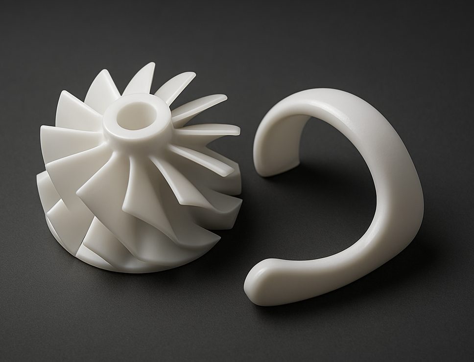 PolyJet 3D printed Vero White Plus turbine impeller and clip, rigid glossy bright white