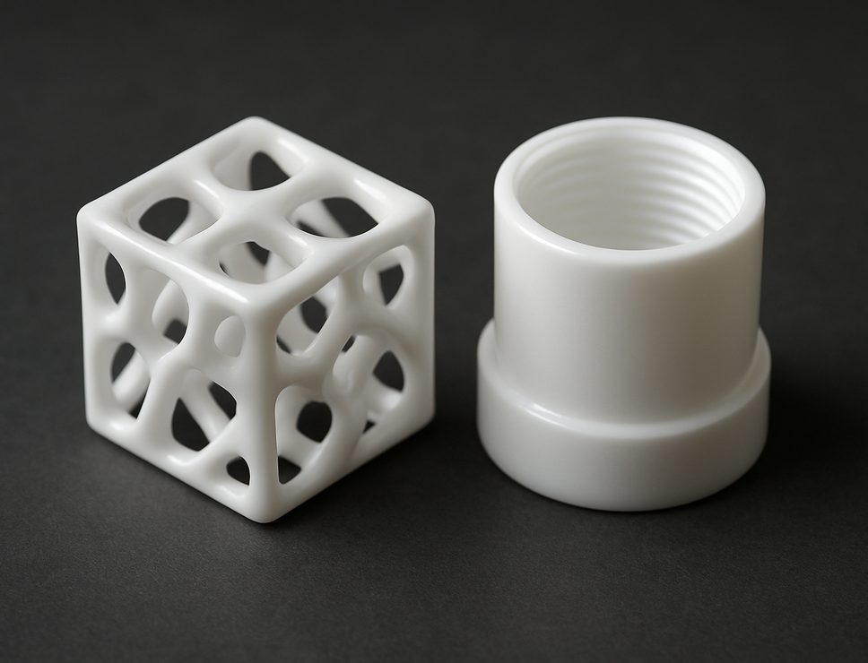 PolyJet 3D printed Vero White Plus lattice test cube and threaded housing