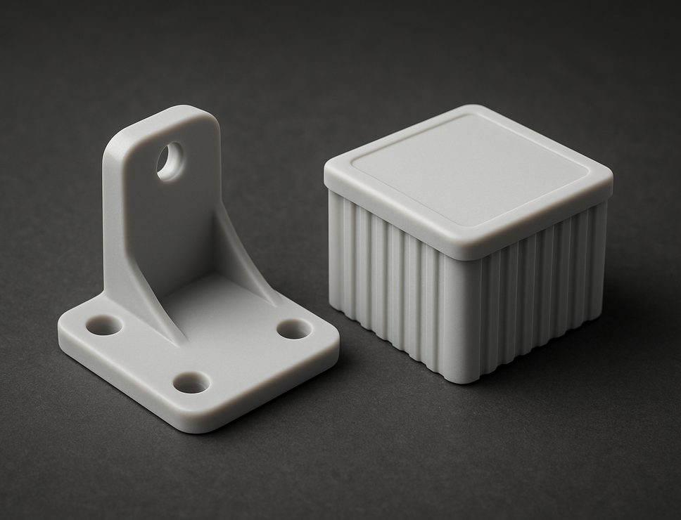 SLA 3D printed ABS Like Resin bracket and ribbed enclosure, smooth opaque light grey