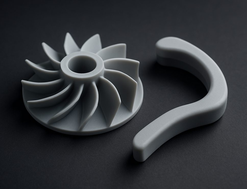 SLA 3D printed ABS Like Resin turbine impeller and clip, smooth opaque light grey