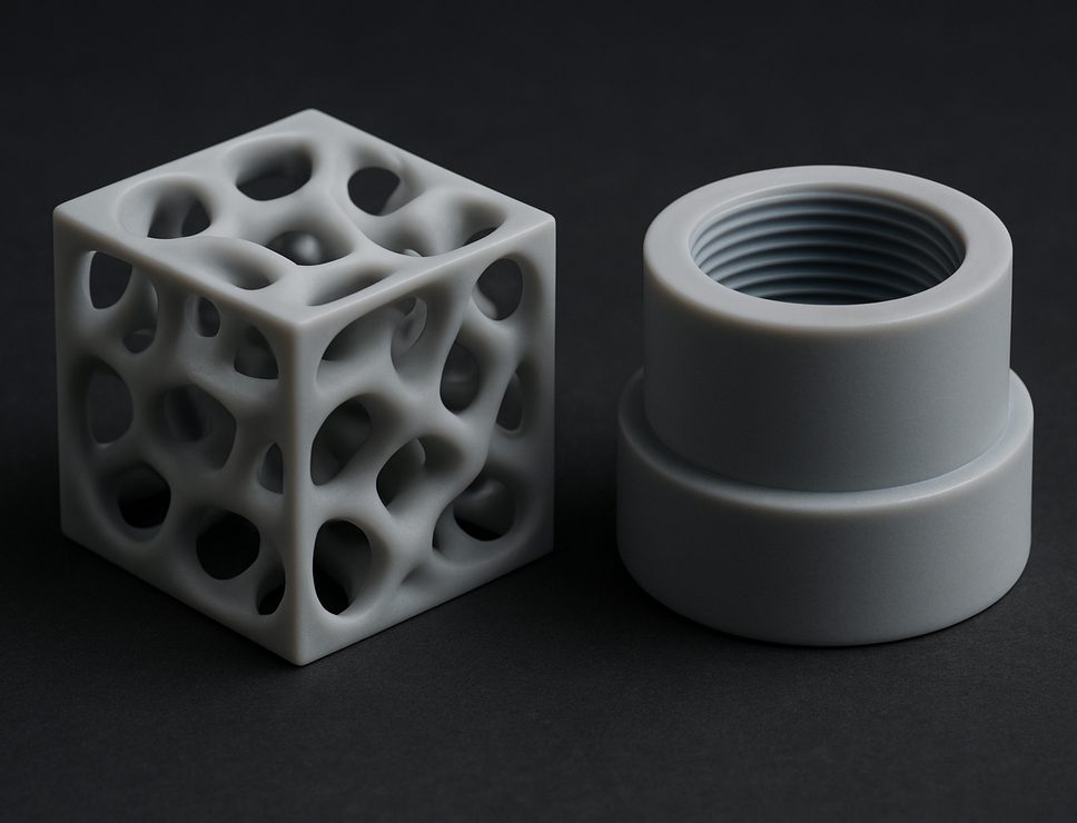 SLA 3D printed ABS Like Resin lattice test cube and threaded housing