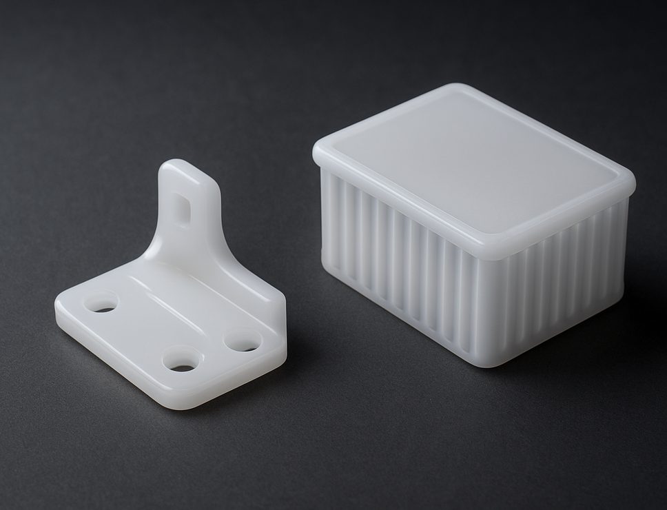 SLA 3D printed BioMed Resin bracket and ribbed enclosure, clean clear-white medical grade