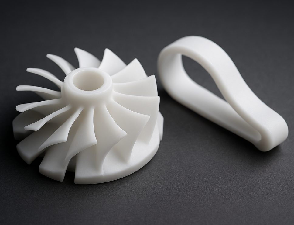 SLA 3D printed BioMed Resin turbine impeller and clip, clean clear-white medical grade