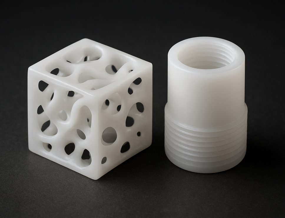 SLA 3D printed BioMed Resin lattice test cube and threaded housing