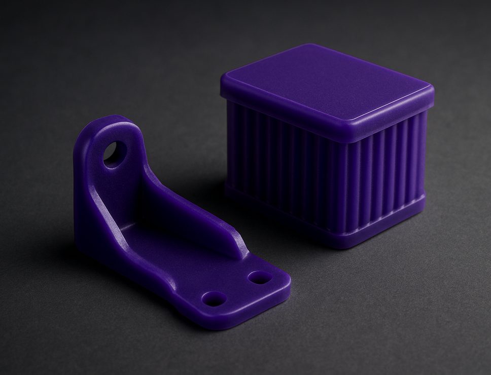 SLA 3D printed Castable Resin bracket and ribbed enclosure, deep purple wax-like