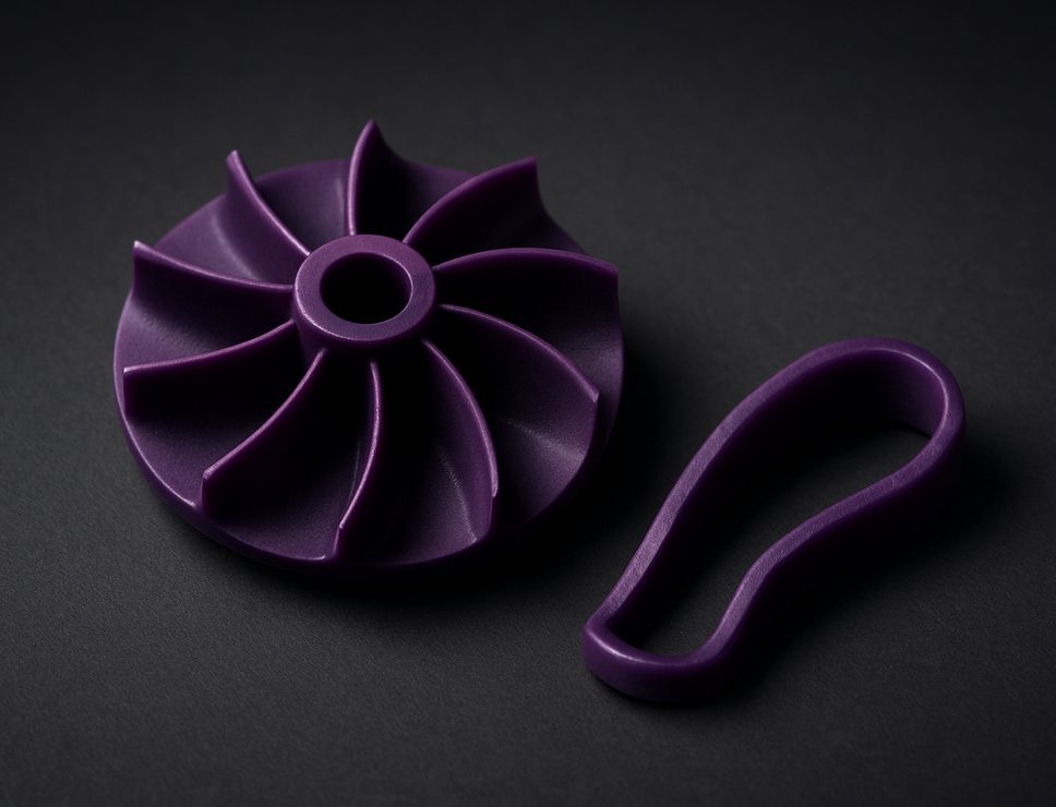 SLA 3D printed Castable Resin turbine impeller and clip, deep purple wax-like