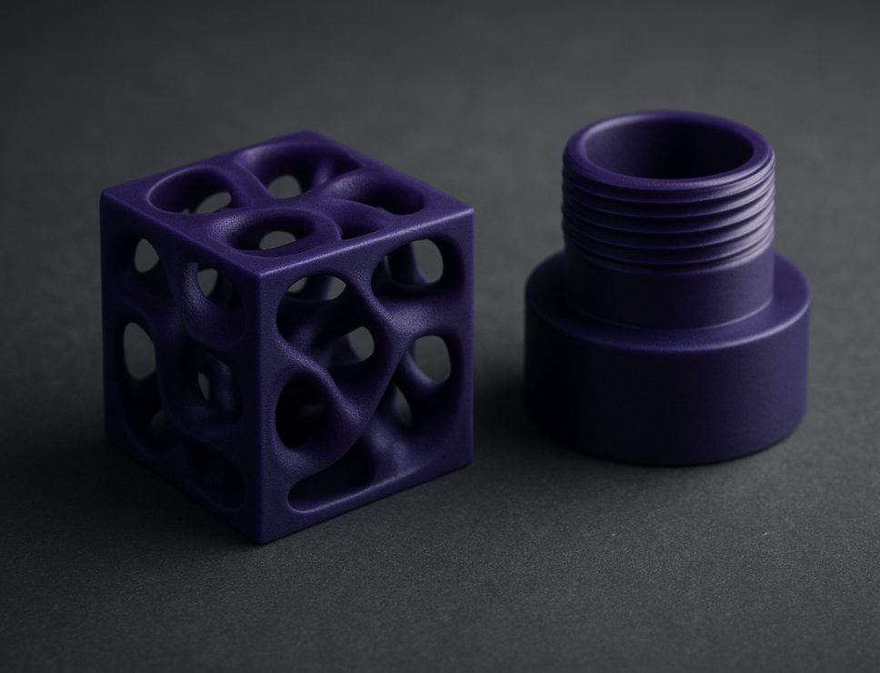 SLA 3D printed Castable Resin lattice test cube and threaded housing