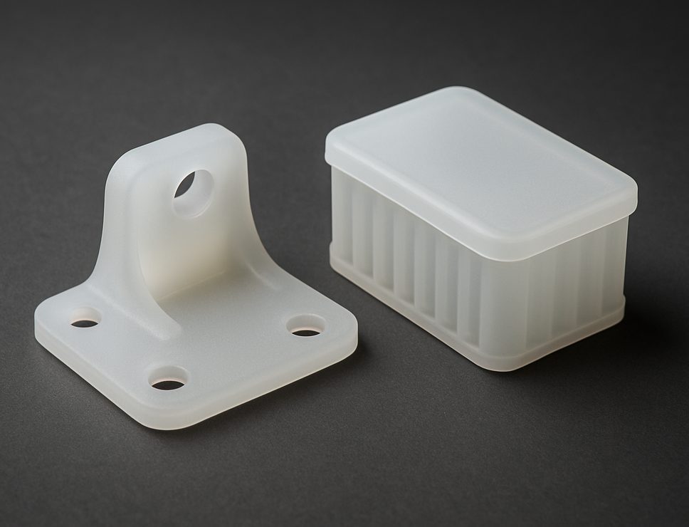 SLA 3D printed Elastic Resin 60A bracket and ribbed enclosure, soft rubbery translucent