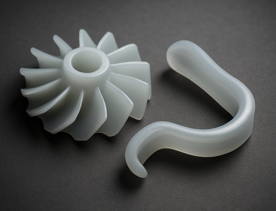 SLA 3D printed Elastic Resin 60A turbine impeller and clip, soft rubbery translucent