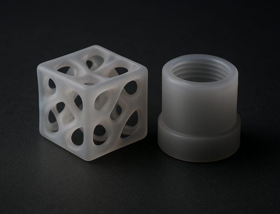 SLA 3D printed Elastic Resin 60A lattice test cube and threaded housing