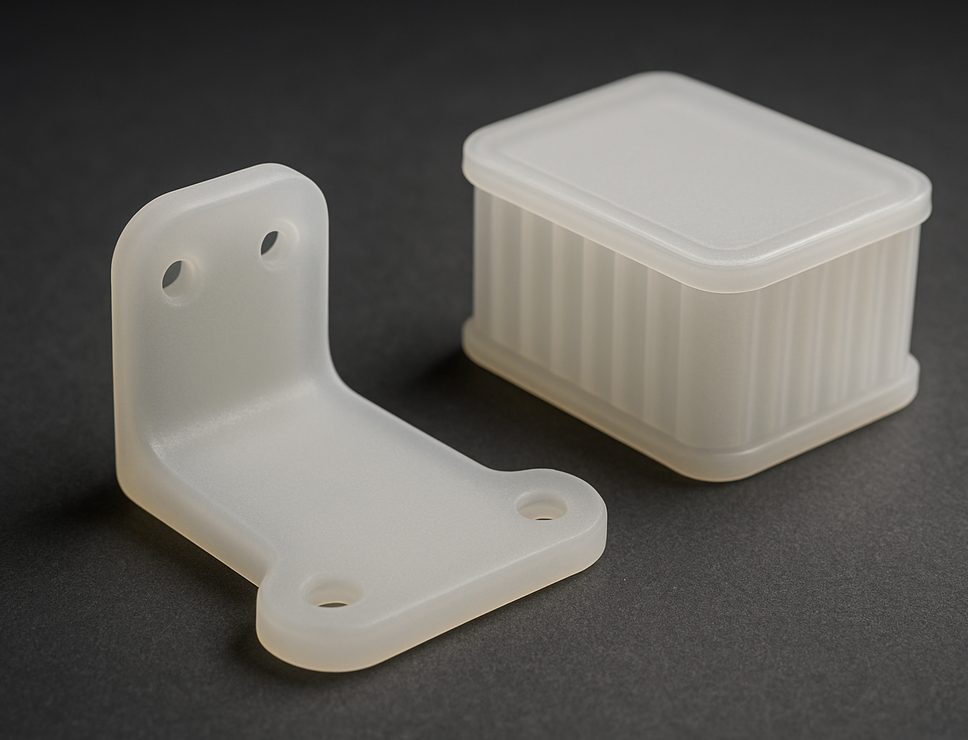 SLA 3D printed Flexible Resin bracket and ribbed enclosure, soft translucent milky