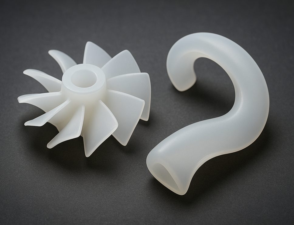 SLA 3D printed Flexible Resin turbine impeller and clip, soft translucent milky