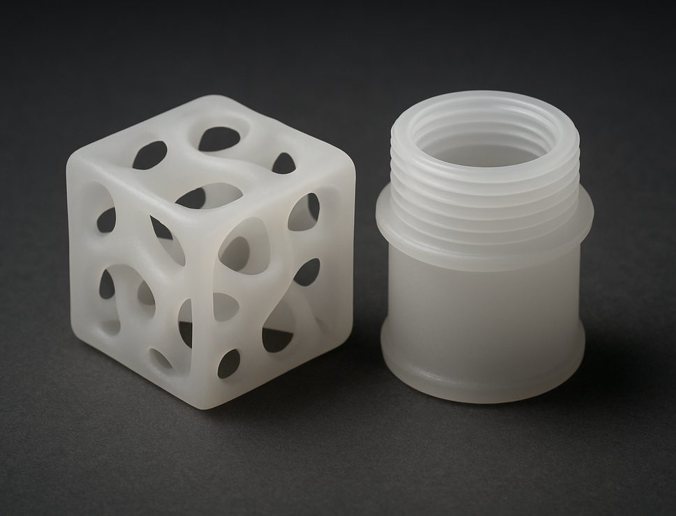 SLA 3D printed Flexible Resin lattice test cube and threaded housing