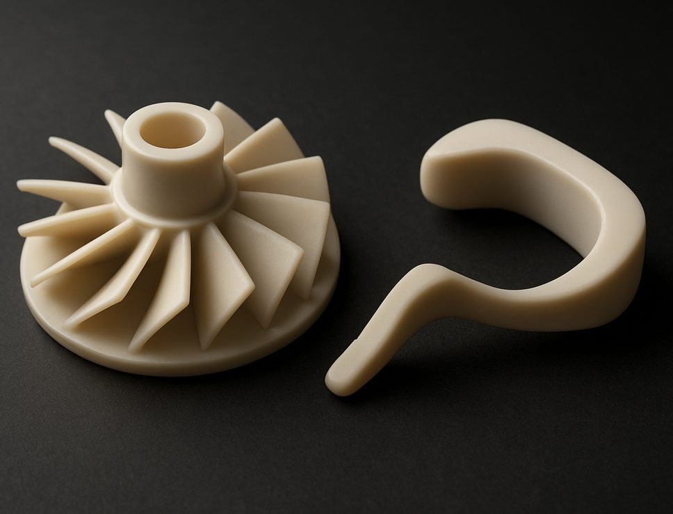 SLA 3D printed High Detail Resin turbine impeller and clip, ivory beige