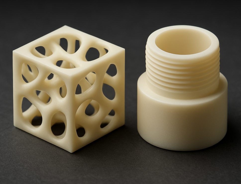 SLA 3D printed High Detail Resin lattice test cube and threaded housing
